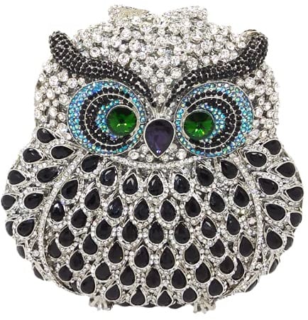Boutique De FGG Mini-Clutch mit Eulen-Motiv, Kristall-Clutch für Damen, elegant, Tier-Abend-Handtasche, Abschlussball, Strass-Clutch, Schwarz und Silber, Small