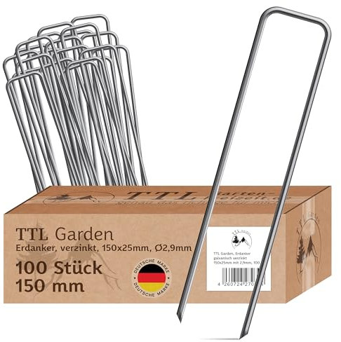 TTL Garden 100x Erdanker 150 x 25 x Ø 2,9 mm - verzinkte & gehärtete Carbon Stahl Bodenanker Heringe für Unkrautvlies, Gartenvlies, Zaun, Vogelschutznetz, Camping - Anti-Rost robust rostfrei