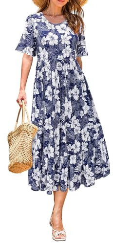 STYLEWORD Women Summer Dress Floral Short Sleeve Ladies Casual Swing Midi Dress with Pockets(Floral05,Large)
