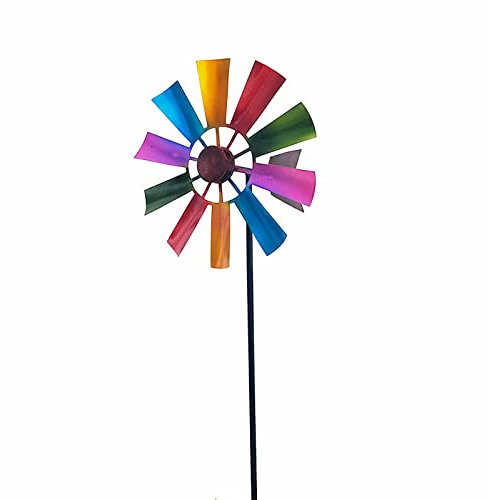 WYSRJ 29-Inch Rainbow Metal Windmill Wind Spinner Stake for Garden Lawn Decoration - Outdoor Wind Sculpture With Flower Design