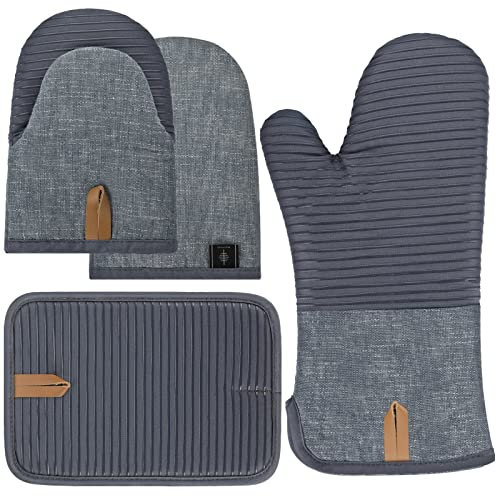 BONTHEE Lot de 4 mini gants de cuisine avec rayures en silicone antidérapant pour la cuisson - Gris