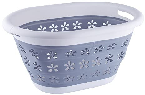 WedDecor Oval Foldable Laundry Basket 16L Collapsible Plastic Floral Laundry Basket Sturdy Folding Washing Bin Basket Clothes Storage Multi Purpose Container for Bedroom, Laundry, Grey