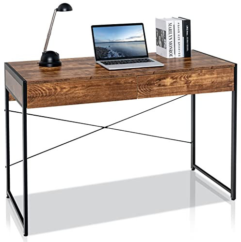 CASART Computer Desk, Wooden Home Office Desks PC Laptop Table with 2 Drawers & Adjustable Foot Pads, Metal Frame Study Writing Desk Gaming Table (Rustic Brown)