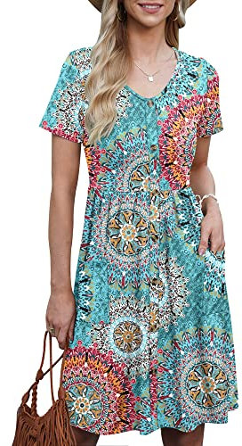 AUSELILY Womens Summer Dress Short Sleeve Knee Length Dress Casual Empire Dress A Line Swing Dresses with Pockets
