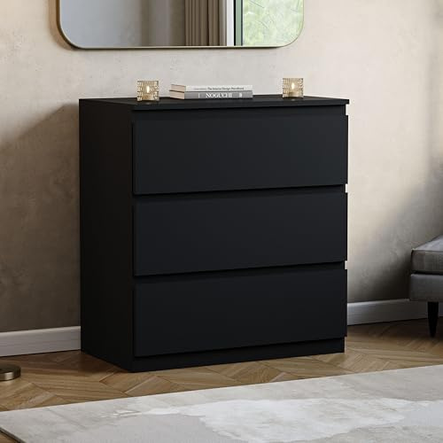 Vida Designs Denver 3 Drawer Chest of Drawers | Black | Space-Saving Storage | 74H x 70W x 40D cm | Minimal | Smooth Metal Runner | Engineered Wood | Modern Bedroom Chest of Drawers Unit