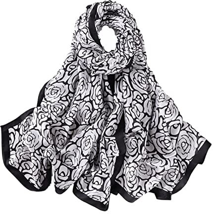 WEIGEER Silk Scarf Women Chiffon Shawl Stain Neckerchief Long Head Wrap Lightweight Scarf Ladies Hijab Belt Vintage Bridal Shawl Chiffon Scarf Muslim Cloth floral Christmas Scarf (Black-flower.)