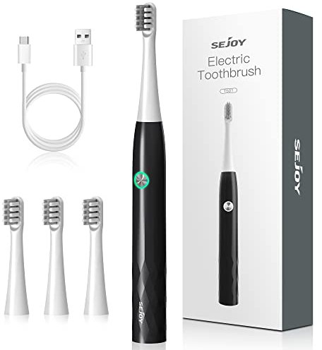 Sejoy Elektrische Zahnbürste, wiederaufladbare Power-Zahnbürste mit 4 Bürstenköpfen, 3 Modi und 2 Minuten eingebautem Smart Timer, elektrische Zahnbürste für Erwachsene und Jugendliche, schwarz