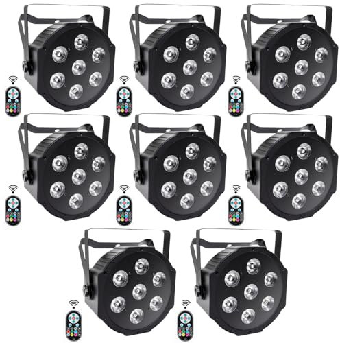 SEBRUANC RGBW LED Par Scheinwerfer, 8pcs 7 LED Strahler Bühnenlicht mit Fernbedienung 8 Modi Disco Lichteffekte für DJ Bar Hochzeit Weihnachten Haloween Beleuchtung