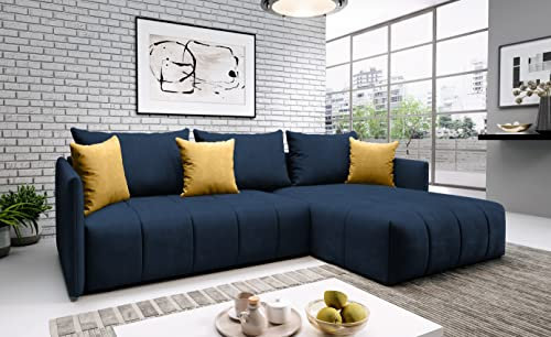 Don Velvet Monolith Ecksofa in L-Form 245 cm x 180 cm - Couch mit Gelbe Kissen - Schlafsofa mit Bettkasten uad Stauraum -Ausziehbares Schlafsofa - Sofa mit Schlaffunktion Farbe: Dunkelblau