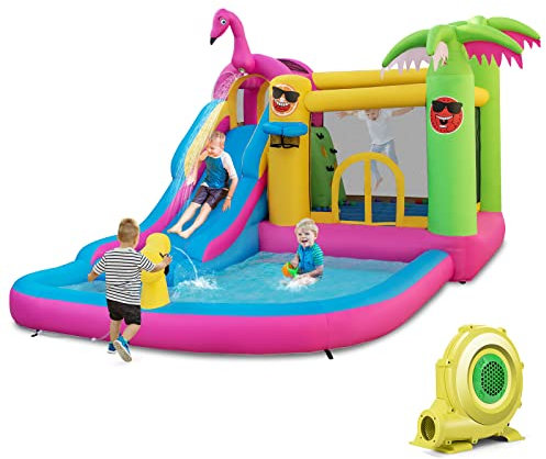 GYMAX Kids Bouncy Castle with 680W Blower, 4.5×3×2.6m Flamingo Theme Water Park with Slide, Splash Pool, Water Cannon, Climbing Wall & Basketball Hoop, Children Inflatable House for 3-10 Years Old