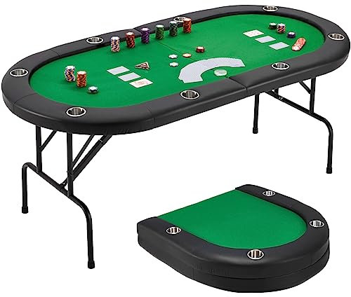 ECOTOUGE Poker Table Foldable, 8 Players Gaming Table w/Stainless Cup Holder & Portable Storage Bag, Folding Oval Blackjack Table for Texas Casino Leisure Game, No Assembly Required, Green