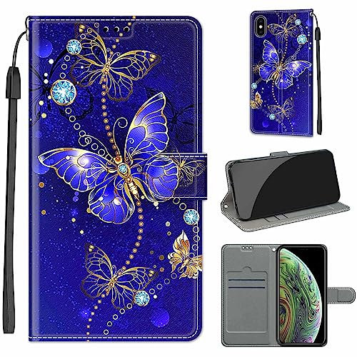 for iPhone XS Case, PU Leather Wallet Book Flip Folio Stand View Cover Pouch Compatible with iPhone X Phone Case (Blue Butterfly)