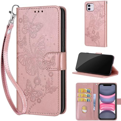 TOMYOU Wallet for iPhone 11 Case, Rose Gold Butterfly | Embossed PU Leather, Folio Flip Notebook Wallet, Magnet Closure, Kickstand, 3 Card Slots, Wrist Strap Lanyard