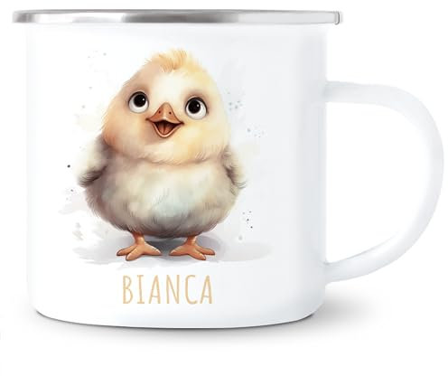 Huhn Emaille Tasse Kinder Trinkbecher personalisierte Kindertasse mit Namen süßer Kinderbecher für Mädchen & Jungen Geschenk Emaille Becher 300 ml