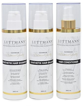 LUTTMANN® Synthetik Hair Pflegeset Perücken Shampoo, Balsam & Natural & Synthetik Hair Conditioner je 200 ml - schonende Reinigung und Pflege für synthetische Haare - speziell für Haarteile & Perücken