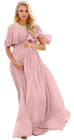 Robe Shooting Photo Grossesse Dentelle Robes Femme Enceinte Chic Et Elegant Grande Taille a la Mode Robe Maternité Soirée Fête Vacances Casual Confortable Pas Cher Long Dress (Pink, L)