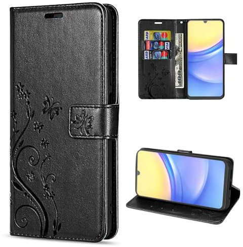 Hülle Kompatibel mit Samsung Galaxy A15 | Premium PU Leder Handyhülle Wallet Case für Galaxy A15 | Schutzhülle Blumen Klapphülle Handyhülle | Schwarz