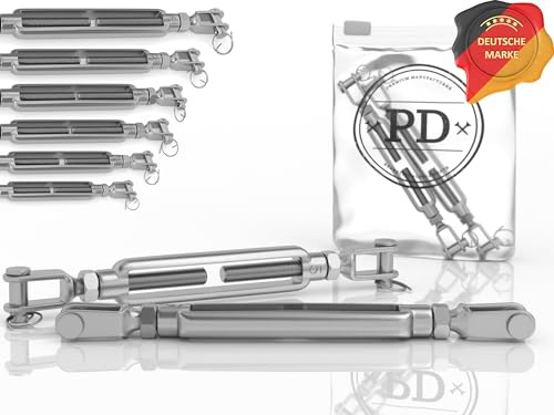 PD® Spannschloss M12 Edelstahl A4 (Gabel-Gabel) | Wantenspanner ROSTFREI | Seilspanner mit Spannschraube | Spannhaken für Sonnensegel Befestigung, Wäscheleine & mehr | Drahtseil Spanner | 4 Stück