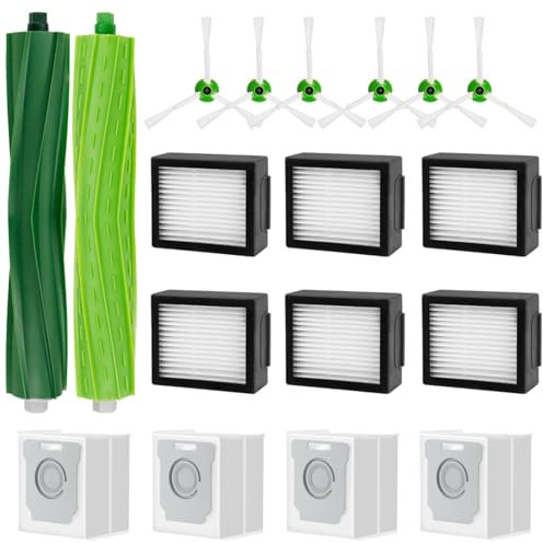 18 piezas de repuesto para aspiradora Roomba Combo I5, I5+, J5, J5+, 2 cepillos principales, 6 cepillos laterales, 6 filtros Hepa, 4 bolsas de polvo