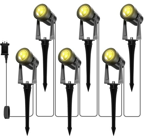 LONIUTO Garden Spike Lights, 20M Garden Spotlights Mains Powered, 27V Waterproof IP65 Spotlights 3000K Low Voltage Spot Light for Lawn Yard, Patio, House (6 Pack*3W)