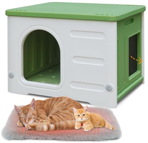 Waterproof Cat House for Outdoor Cats, Plastic Feral Cat House with Escape Door and Soft Mat, Large Indoor Cat House for Mutiple Cats - Green