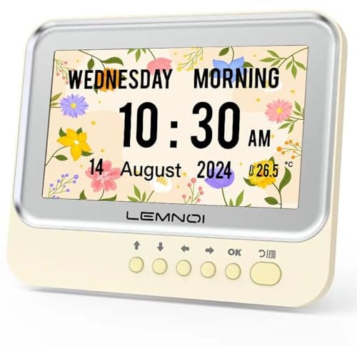 Lemnoi 7 Zoll Digitaler Kalender,Seniorenuhr mit Datum und Wochentag,Wanduhr für Demenzkranke mit Temperatur,15 Wecker&Erinnerung an Medikamente (weiß)
