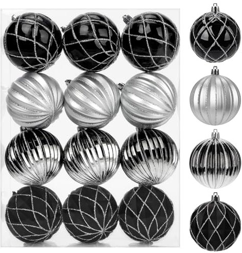 Arborus Weihnachtsdeko Kugeln 8 CM Weihnachtskugeln 12er Set Weihnachtsbaumschmuck Christbaumdeko Kunststoff Baumkugeln Schwarz Christbaumanhänger Weihnachten Deko Christmas Tannenbaum Deko Kranz Deko