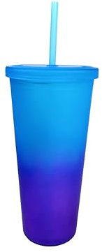 LINDACA 24oz/710ml Double Wall Gradient Colour Reusable Plastic Cup with Lid and Straw (Blue)