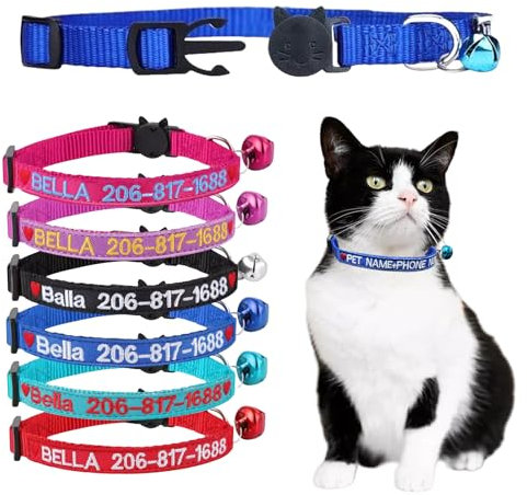 2 Stück Personalisiertes Katzenhalsband, individuell bestickte Katzenhalsbänder mit Namen und Telefonnummer, Nylon-ID-Halsband für Katzen oder Kätzchen, Sicherheitsverschluss mit Glöckchen