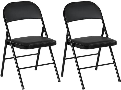 HOMCOM Lot de 2 chaises Pliantes chaises de Salle à Manger Portables Chaise Pliable d'intérieur avec Coussin en revêtement synthétique et Cadre en Acier dim. 45l x 46P x 78H cm Noir