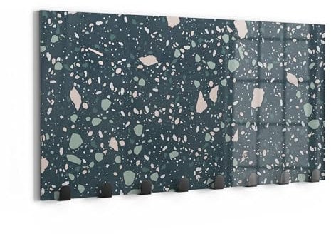DEQORI Wandgarderobe Glas & Metall | Motiv Grüner Terrazzo | 60x30 cm | Design Haken-Leiste modern | Garderoben-Paneel für Flur, Wohnzimmer & Schlafzimmer | magnetisch & beschreibbar
