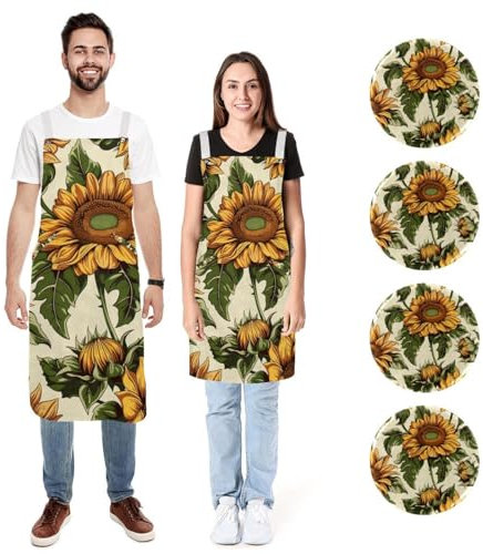 Paquete de 2 delantales de cocina retro vintage con diseño de girasol, delantal de chef suave ajustable con 2 bolsillos grandes para hombres y mujeres, Girasol retro vintage,