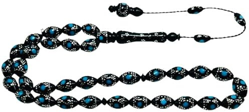 Generisch Kuka Tesbih 925 Ayar Gümüş işlemeli Arpa sistemli Tasbih Black Amber Gebetskette 925 Silber Tespih Gebetskette Misbaha OSMANLI, Misbaha, Rosary,Subha,Tugra,Pearl Amber Silver,Tasbih Silver