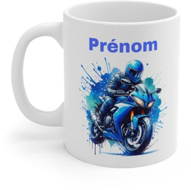 Mug Motard Moto Bleu Personnalisable– Tasse Céramique 325ml avec Design Moto – Cadeau Passion Moto et Aventure