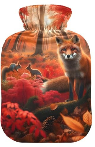Fox Woods rote Wärmflasche mit weichem Bezug, Hand- und Fußwärmer, Wärmbeutel zur Schmerzlinderung, 1 l
