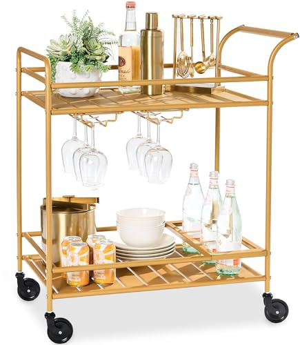 Best Choice Products Rolling Bar Cart, Mobile Home Bar Serving Cart, Serving Station w/ 2 Tier Shelves, Wine Rack, Lockable Wheels - Gold