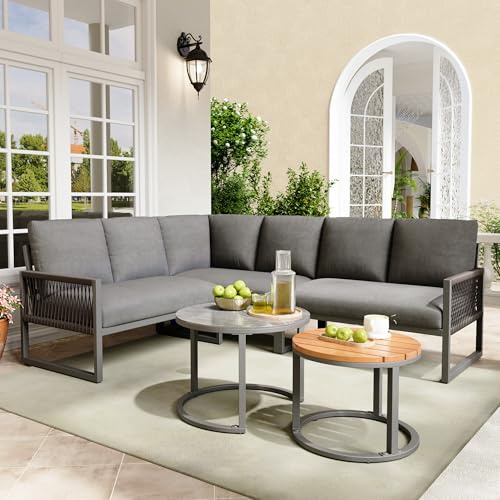 RIAZOS 7 Seater Garden Furniture Set, Outdoor Garden Lounge Set, Furniture Set for 6-7 People, Corner Sofa with Galvanized Iron Frame, Adjustable Legs, Includes All Seat and Back Cushions (Grey)