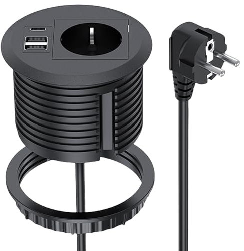 Prise encastrable de bureau, avec USB, 1 Schuko, 2 ports USB, 1 connecteur de type C, câble de 1,7 m, multiprise avec USB, pour trou de table de 80 mm, plan de travail, cuisine - Noir