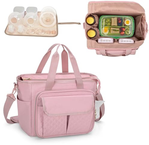 LUXJA Grand sac de tire-lait portable avec un tapis imperméable pour tire-lait portable, sac fourre-tout de transport avec plusieurs poches pour tire-lait mains libres et pièces supplémentaires, rose