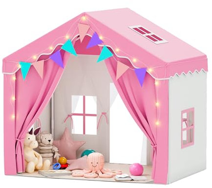 EROMMY 2-in-1 kinderzelt mit Matte, bunten Fahnen und Leuchtstreifen, Doppeltür-Design Zelt kinderzimmer für drinnen mit Dachfenster,Spielhaus für 3+ Jahre Rosa