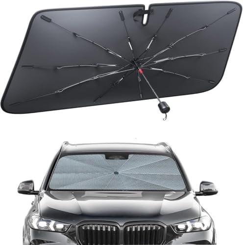 Parasole Auto Tipo Ombrello Pieghevole con Custodia – Coprisole Parabrezza Interno Riflettente Anti-UV, Protezione Solare per Cruscotto, Auto SUV Furgoni, Installazione Rapida, Argento