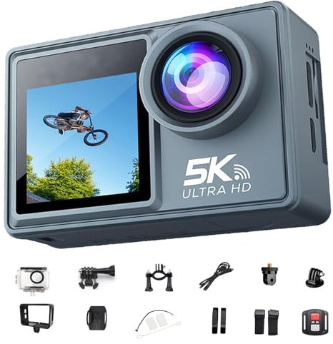 YCYATS Arlira Action Camera 5K Ultra HD, WiFi, Doppio Schermo, Stabilizzazione Anti-Shake, Grandangolo 170°, Impermeabile, Sport all’Aperto, Ciclismo, Moto (5K+anti-shake+touch screen+telecomando)