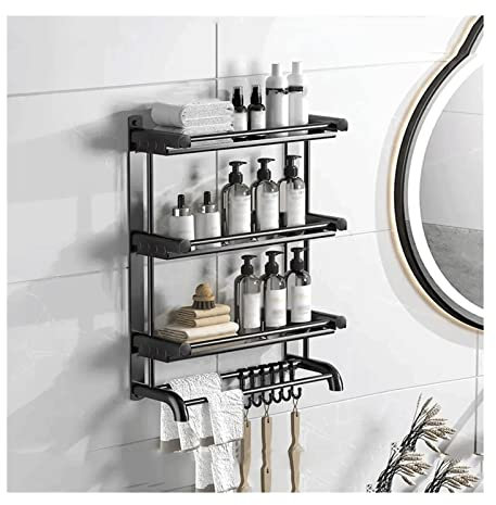 3 Tier Metal Shower Shelf Simple Storage Rack for Toilet & Sink Kitchen with Hooks & Towel Bar Durable Bathroom & Kitchen Storage Solution