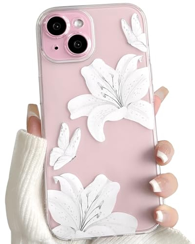 NITITOP for iPhone 15 Plus Case Clear Cute Flower Lily, White | for Women Girls, Aesthetic Floral Butterfly Design, Transparent Soft TPU Shockproof Cover, Full Camera Protection