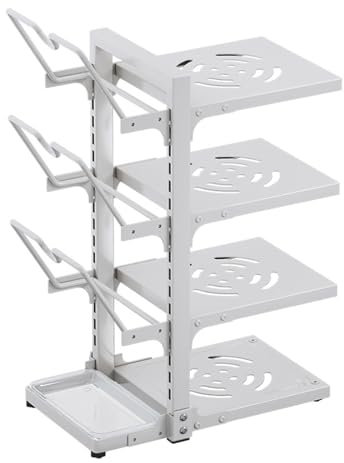 Pot rack,Multifunctional Adjustable Pot and Pan Organizer Rack, Floor Standing Pot Rack for Cabinet, Pot Lid Holders with Drain Tray, Carbon Steel Cast Iron Pot Rack (Color : White, Size :