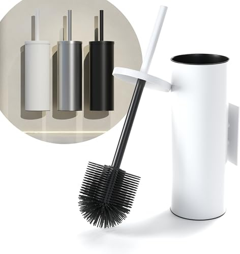 Klobürste zur Wandmontage aus Stahl – WC-Bürste in Weiß | Hygienische Silikon-Toilettenbürste aus Stahl zur Wandmontage ohne Bohren mit Spritzschutz-Garnitur in Matt Weiß