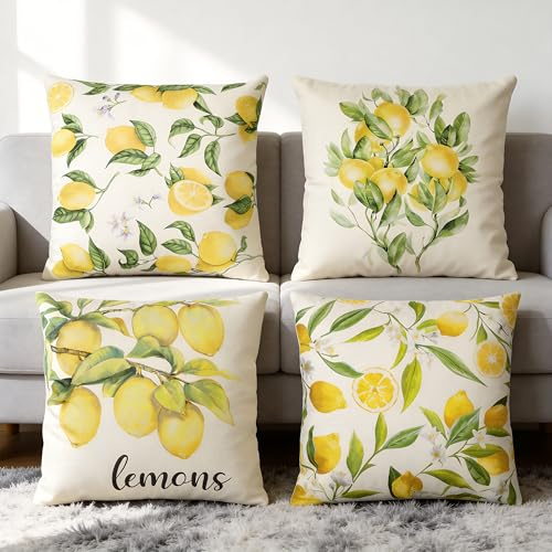 Hejo 4er Set Outdoor Kissenbezug 45 x 45 cm, Doppelseitig Bedruckte Kissenbezug mit Zitronen- & Blattmotiv, Pflegeleichte Kissenbezüge Deko für Sofa, Sessel, Bank & Terrasse