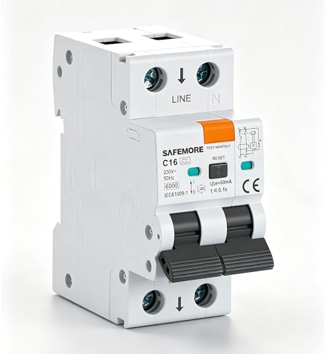 Disjoncteur différentiel RCBO SAFEMORE, 1P+N, 16A 30mA, type A Courbe C | Disjoncteur différentiel avec protection contre les surcharges et les courts-circuits, 6kA, montage sur rail DIN