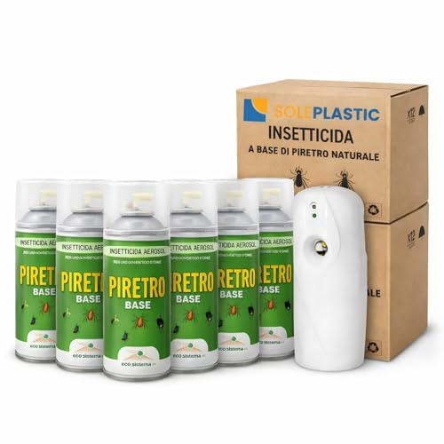 6 Bombole Insetticida Antizanzare 250 ml a Base di Piretro + Diffusore Automatico - Protezione contro Zanzare, Mosche, Insetti Striscianti e Utilizzabile come Anti Formiche - per Casa e Ambienti