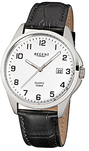 REGENT Herren-Armbanduhr schwarz Analog F-913 Leder-Armband URF913 Analoguhr